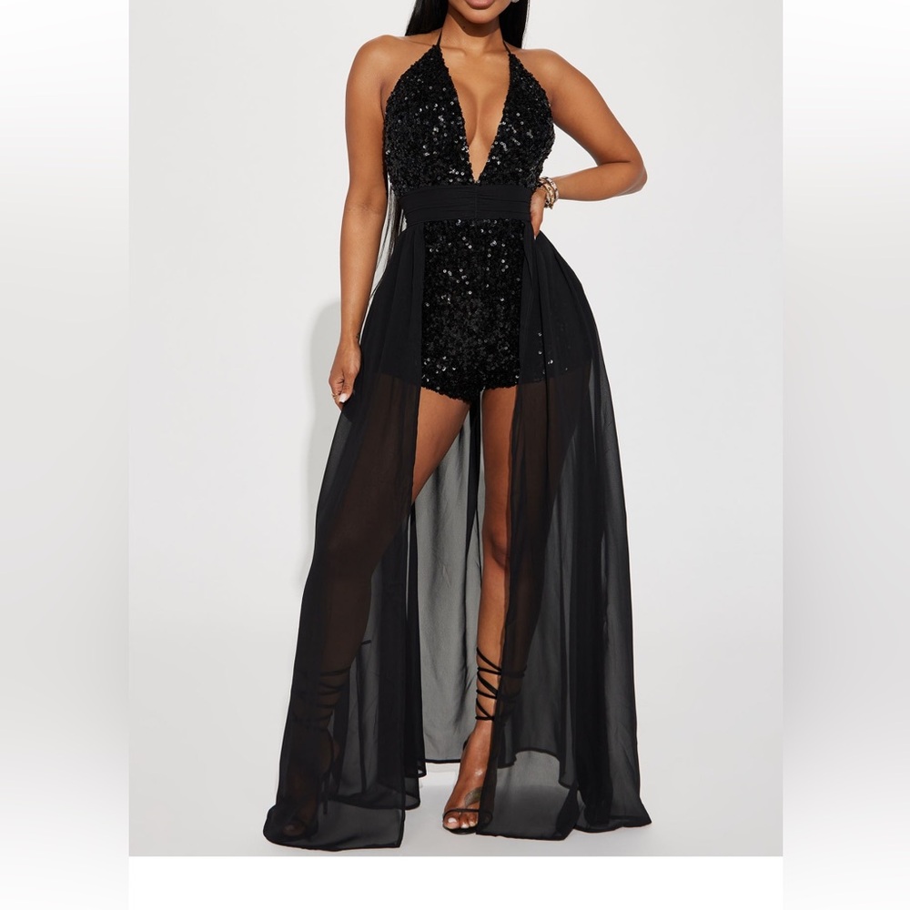 With tags Black sequins romper with train